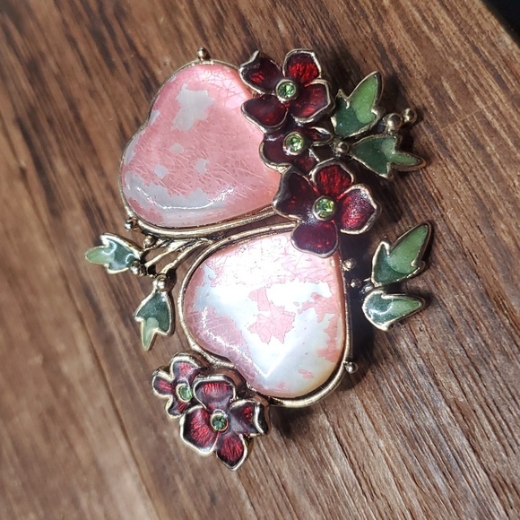 Monet vintage pink mother of pearl drop romantic double heart brooch B805 flora - Picture 1 of 4